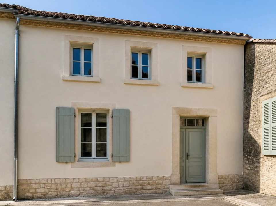 Façade rénovée d'une maison de village provençale, enduit à la chaux beige, encadrements en pierre de taille calcaire