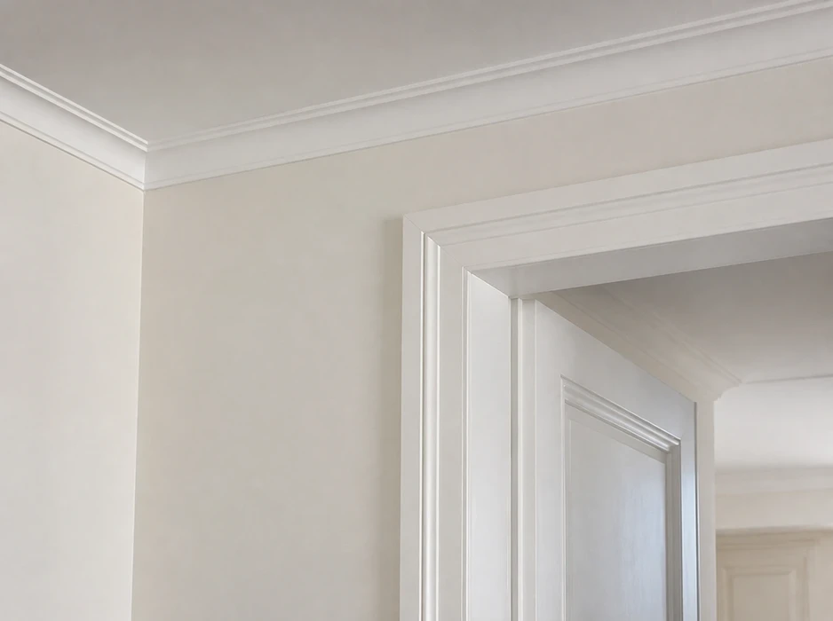 Intérieur résidentiel épuré, couloir avec encadrements de portes superposés en perspective
