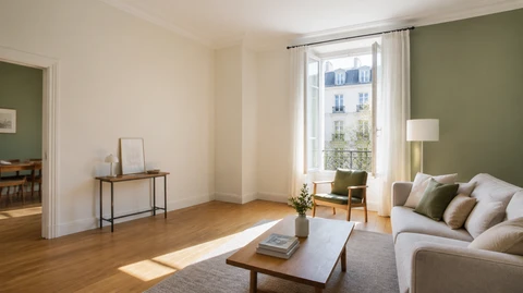 Salon parisien lumineux, style minimaliste scandinave