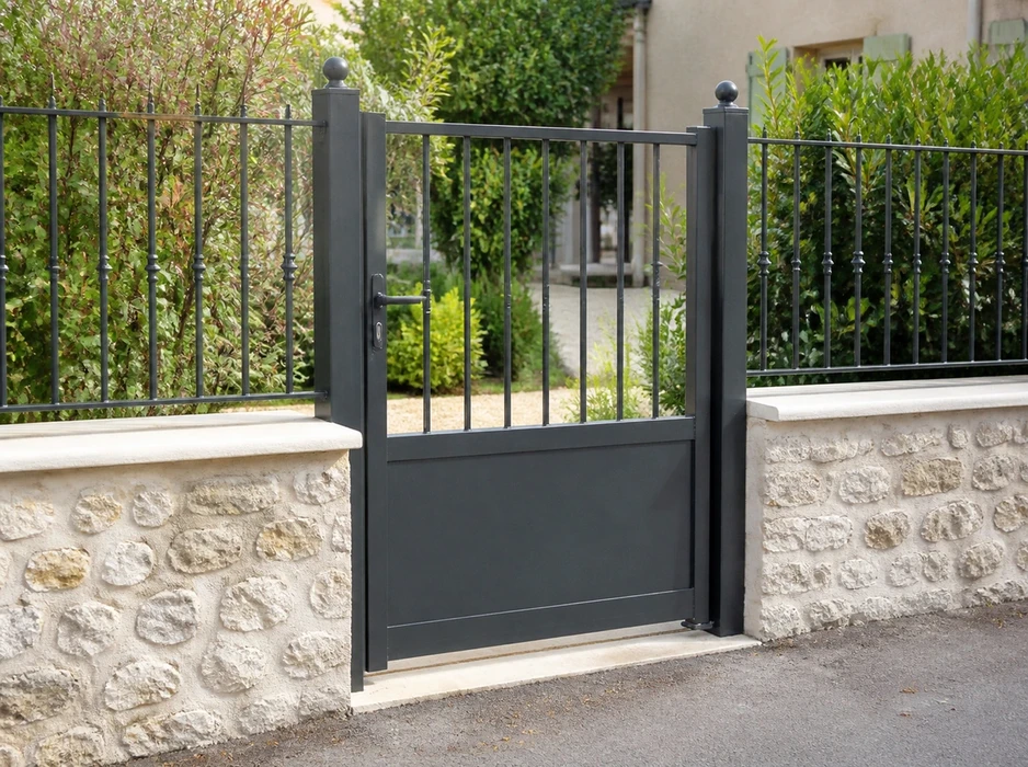 Portillon piéton en aluminium anthracite, mi-plein mi-ajouré, avec barreaux verticaux en partie haute et panneau lisse en partie basse