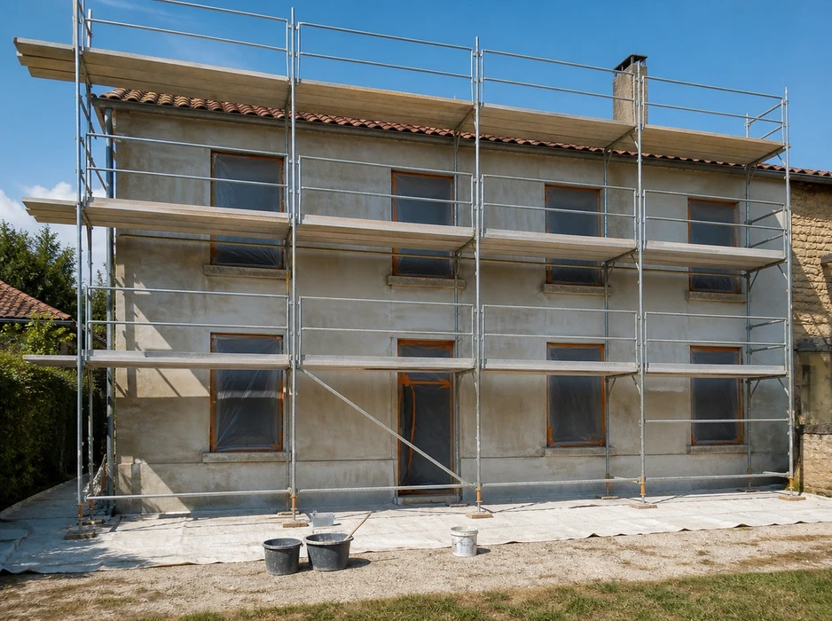 Façade d'un bâtiment en cours de ravalement, enduit de ciment gris frais appliqué sur deux étages