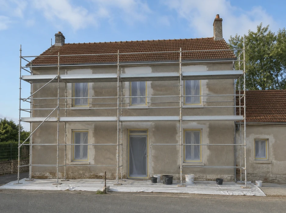 Façade d'une maison de ville en cours de ravalement, échafaudage tubulaire métallique sur deux niveaux