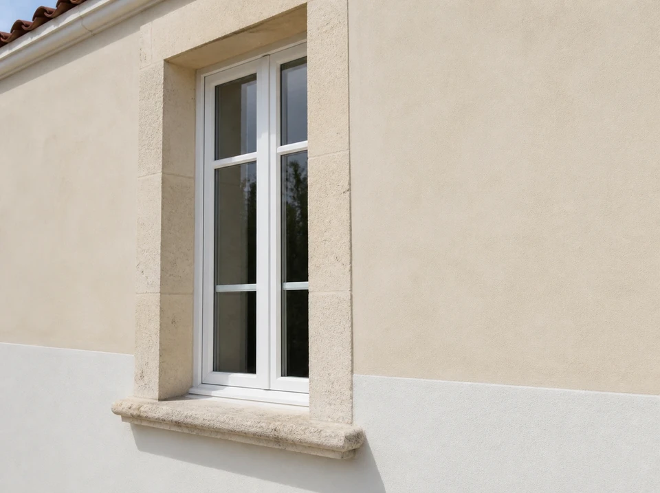 Façade de bâtiment en pierre calcaire beige avec fenêtre double vantail en PVC blanc