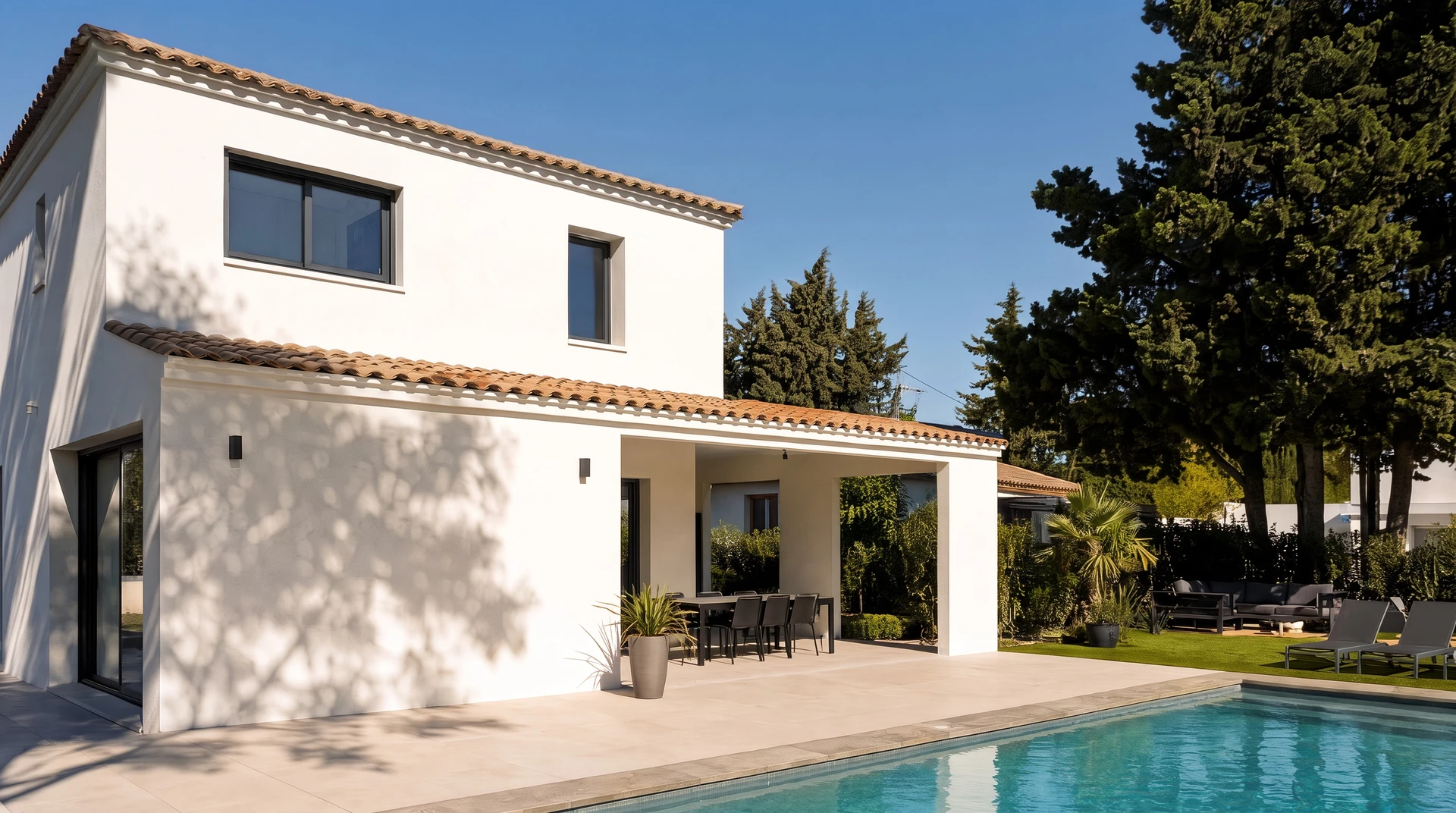 Mas provençal en pierre enduite beige, deux étages, volets bois vert sauge, toit en tuiles canal terre cuite, allée en gravier calcaire
